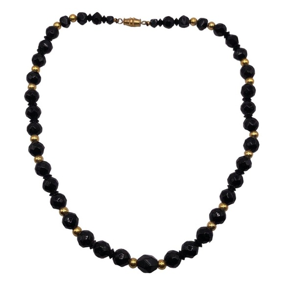 Vintage Black Faceted Czech Glass Gold Plate Bead Necklace 17" Long Choker - Picture 7 of 7